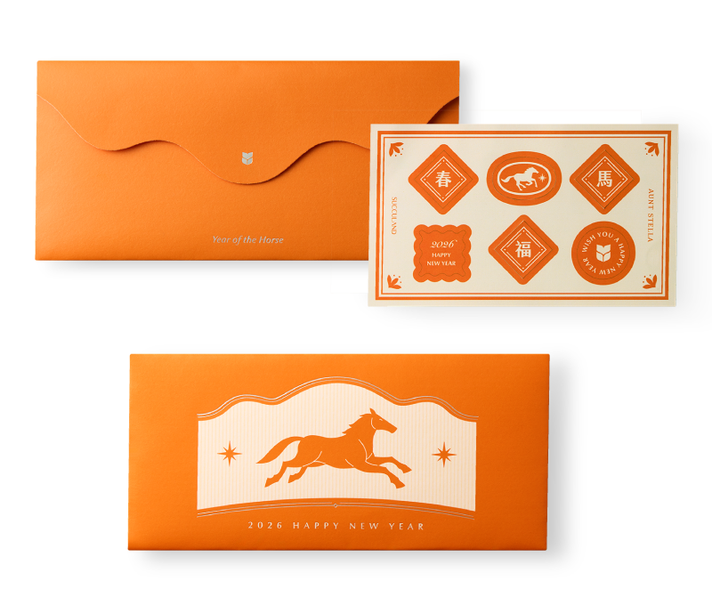 春節禮品：馬圖騰紅包袋、福氣斗方貼紙